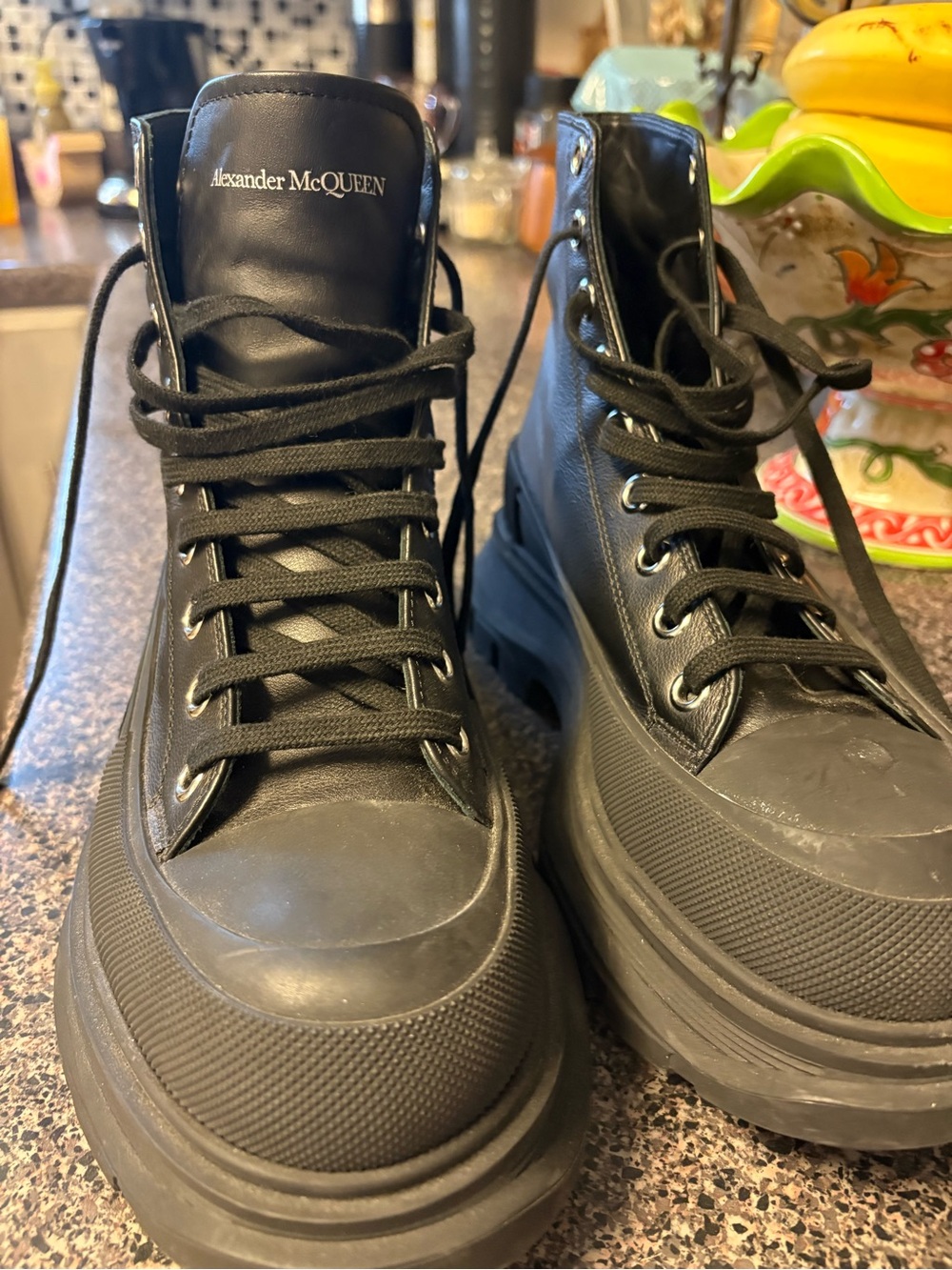Alexander McQueen Men’s Black Leather Platform High-Top Boots